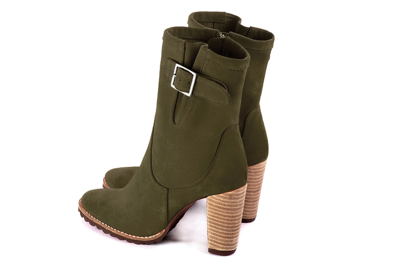 Women's khaki green elegant ankle boots, with buckles on the sides. Round toe. High block heels - Rear view